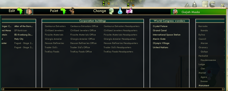 Corporation buildings and World Congress wonders are now listed inside their own group.