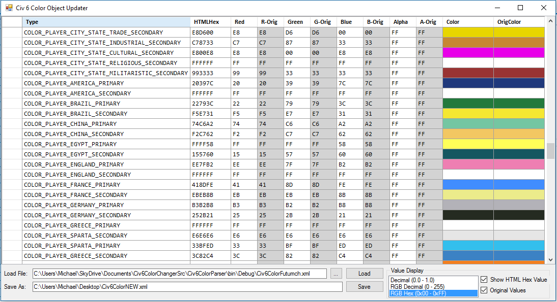 Screenshot of Civ6 Colors.XML utility (showing Hex values)